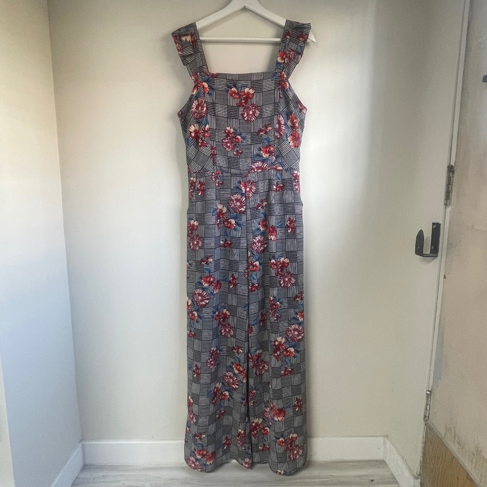 Monteau Gray Plaid Wide Leg Jumpsuit with Red Floral Print